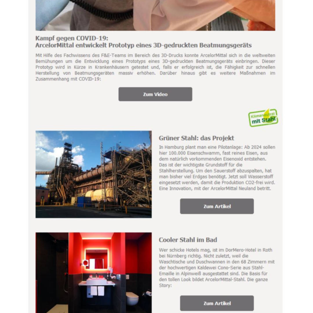 ArcelorMittalD's tweet photo. Hier ein kleiner Einblick in den letzen #ArcelorMittal Newsletter. Nächste Woche kommt die #SteelForFuture Sommer-Ausgabe - jetzt noch schnell anmelden: https://t.co/BJUl2h7ICh
#ArcelorMittalGermany #Newsletter https://t.co/oUUVBe9ALi