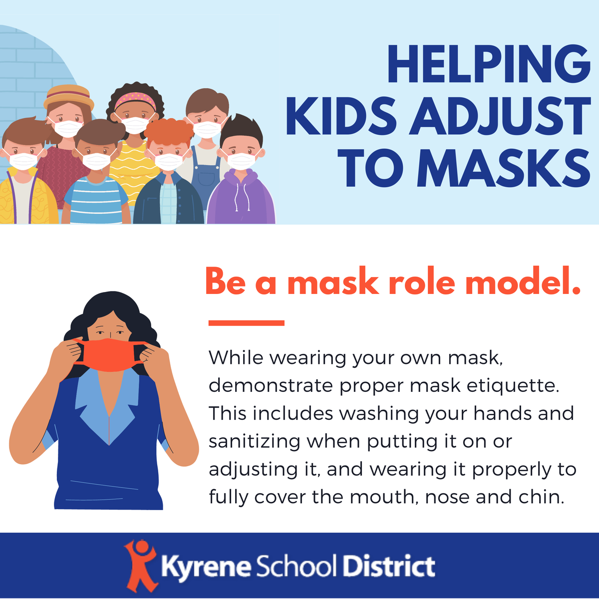 KyreneSchools's tweet photo. Every day, children observe and absorb good habits from older siblings, parents and other family members. By being a good mask role model, you can help your child's transition #BackToKyrene. https://t.co/XhkRiv7iGR