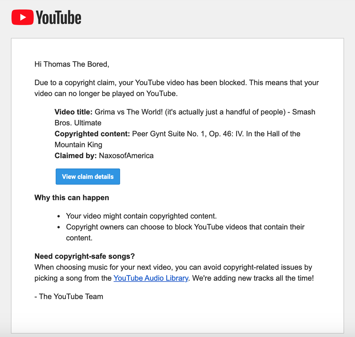 TacticianTom's tweet photo. Okay, I was fine with this video getting copyright claimed at fist since I wasn't a YouTube partner and couldn't monetize it anyway, and it was still available to watch.

But wtf @YouTube? Why you gotta do this? Literally, nothing changed about the video and it was hurting no one https://t.co/vHvajPdvDC
