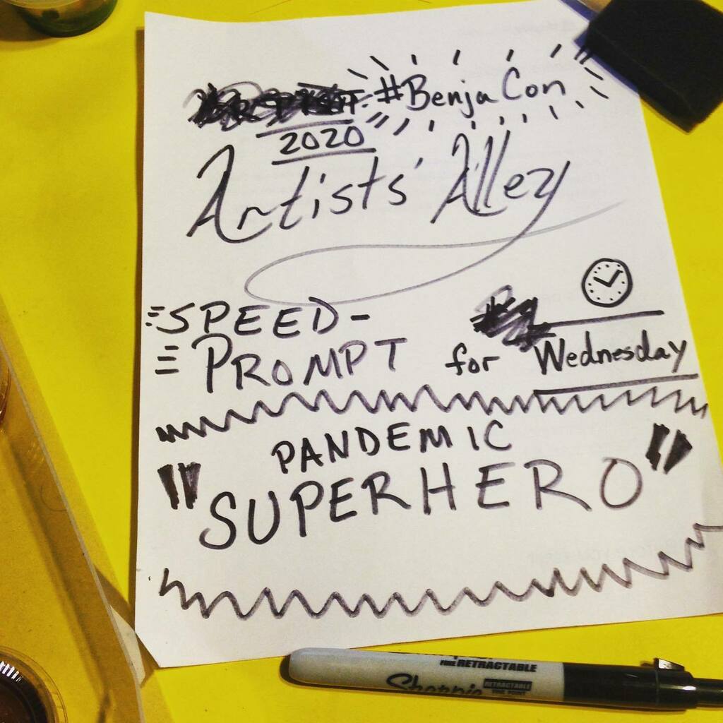 mrbenja's tweet photo. BenjaCon art prompt for Wednesday the 22nd: “PANDEMIC SUPERHERO” — It’s time! Artists’ Alley is OPEN to everyone! Including non-artists! No more meditating! It’s time to get some quick sketches out there for #BenjaCon. I don’t even care if you draw or no… https://t.co/Re59Gs6yYz https://t.co/23zxecfpR8
