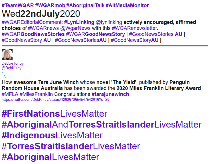 WgarNews's tweet photo. @BlakandBlack @RobRobbEdwards @lynlinking @BakchosGlass @RachelQuayle08 @RightsLGBTI @anne_clothier @WhteRbbnAdvocat @JonesHowdareyou @noplaceforsheep @Michz45 @NSW_PLA @HistoryGirlKate @ArtsonRN @L_DeWeaver @twtrrr @virgotweet @LadyPoop2 @BethanyinCBR @CartwheelPrint @rationalbitch @KaushalyaFem @FatherBob @lobbycoorg @AnimaeOK @deniseshrivell @paulinehollywoo @GuardianAus @JennyPineapple2 @Loud_Lass @LyndaJune1 @Surfinia4Planet @vmp9 @EdmJbg #AboriginalAndTorresStraitIslanderLivesMatter #IndigenousLivesMatter |
#CongratulationsTara #TaraJuneWinch Winner #MilesFranklin #MFLA2020 #TheYield, #WiradjuriLanguage | #DebKilroy #DebbieKilroy @DebKilroy https://t.co/0LiGuFx4XC #WGARGoodNewsStory: https://t.co/etOcqgaAtY https://t.co/zgt7fcTWst