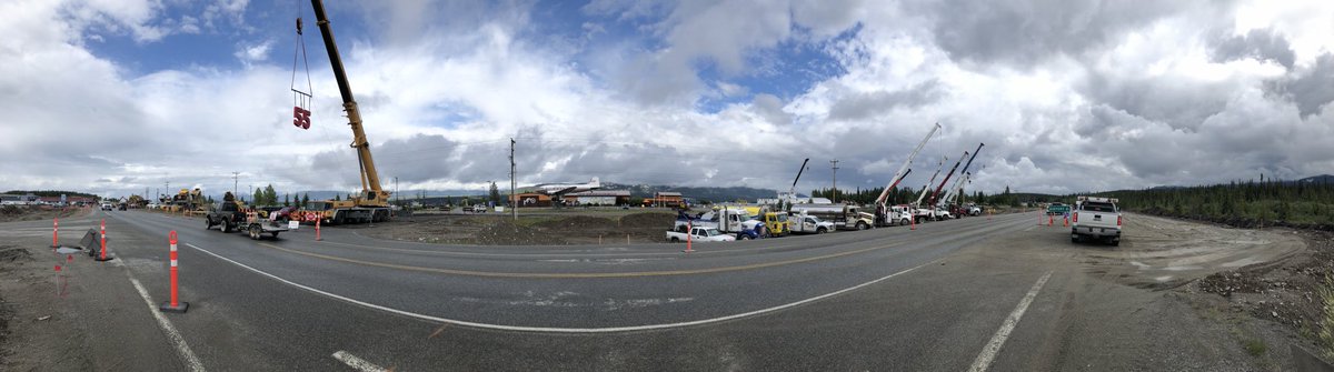geomaratos's tweet photo. Heavy machinery has lined the Alaska Hwy in Whitehorse to pay tribute to Travis Adams. That includes a crane carrying the #55, the #Adams wore when competing in motocross. A parade is being held tonight at 630 to remember Adams, who died July 5. #travisadams #55 #remembered https://t.co/X5SF7UB7tr