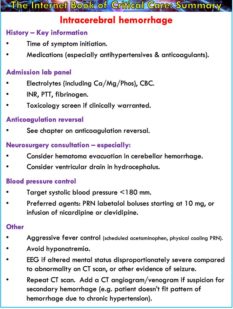 Intracranial hemorrhage - fresh <a href="/iBookCC/">Internet Book of Critical Care 📖</a> chapter
🧠RCTs &amp; AHA/ACC guidelines suggest targeting SBP<180
🧠surgery mostly limited to cerebellar bleeds &amp; hydrocephalus
🧠consider CT angio/venogram to look for underlying vascular abnormality in unusual bleeds
emcrit.org/ibcc/ICH/