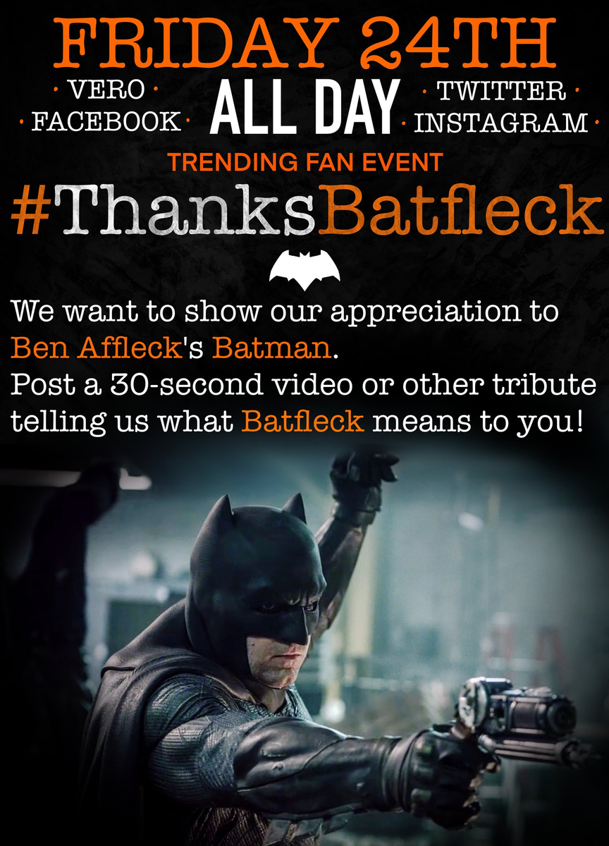 RebelMoonUpdate's tweet photo. 🚨🚨🚨 New Event! 🚨🚨
Who wants to have some fun and show some @BenAffleck Affleck Batman love?

Post a 30-second video or some other tribute about what Ben Affleck's Batman means to you.

Post all day to your favorite social media platform and use #ThanksBatfleck on all posts. https://t.co/qdf6lA0aF5