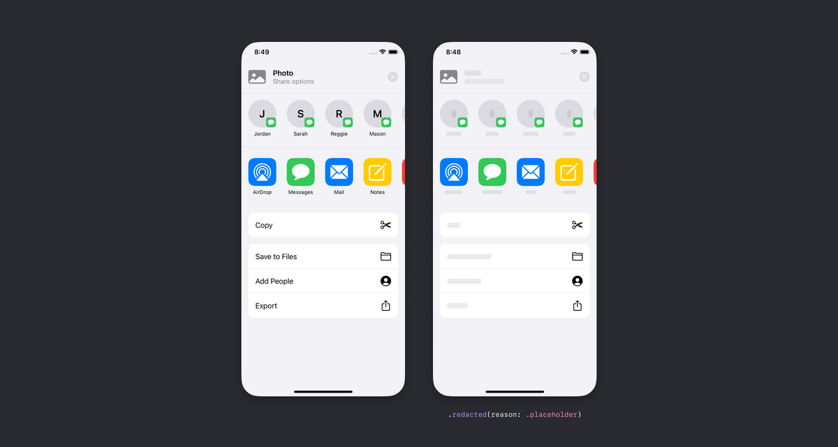 jsngr's tweet photo. iOS 14 beta 3 introduces .redacted(reason: .placeholder) to generate a placeholder view of any SwiftUI view

Here's a few real examples: https://t.co/JUIrLdDP2F