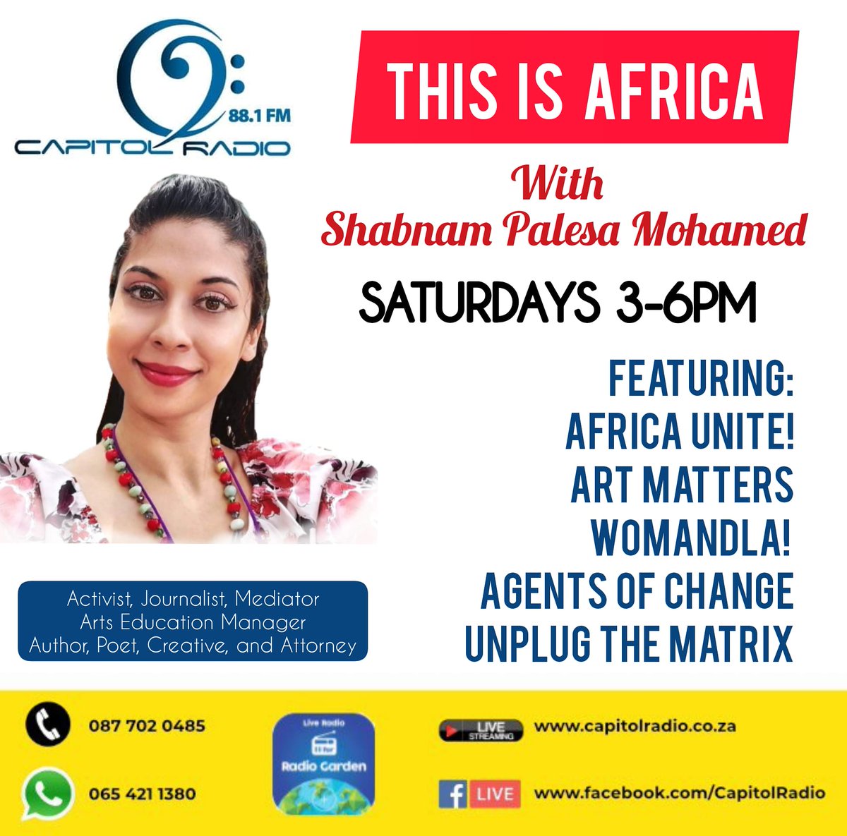 ShabnamPalesaMo's tweet photo. . Poster for my NEW show #ThisIsAfrica on Capitol Radio designed by talented artist @herdboy. Saturdays 3-6pm. Via Capitol Radio Facebook Live, Website or Radio Garden. https://t.co/9g2lRxdrsk