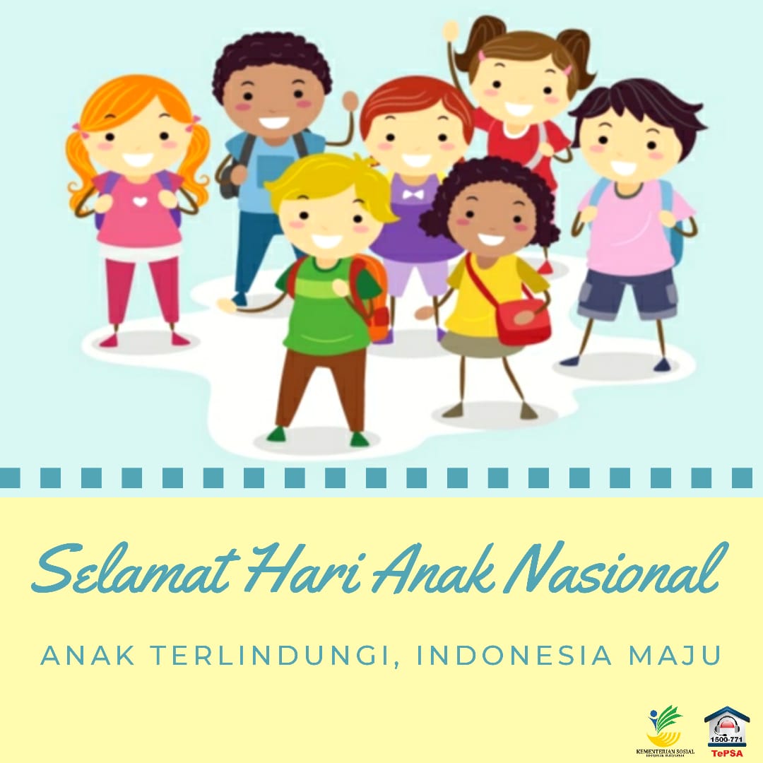 Halo Adik-Adik semua!
Selamat Hari Anak Nasional 2020.

Kak TePSA selalu hadir 24 jam untuk memberikan pelayanan sosial bagi anak di seluruh Indonesia.

Anak terlindungi, Indonesia Maju.
#kemensoshadir
