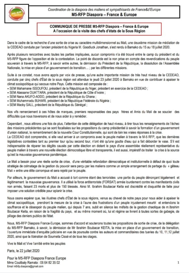 AES_Diaspora's tweet photo. #MALIMÉDIATION #SOUSPREFETS DANS LA CRISE MALIENNE:Les propositions de la CEDEAO rejetées en bloc par le @M5RFP_DIASPORA& #Mali
1 seul mot d'ordre: #IBKDemission sans conditions.
La #CEDEAO ne peut que negocier les conditions de depart d'Ibk.
#M5RFPCommunication
@ParlementCEDEAO https://t.co/zs8Sjuhtrt