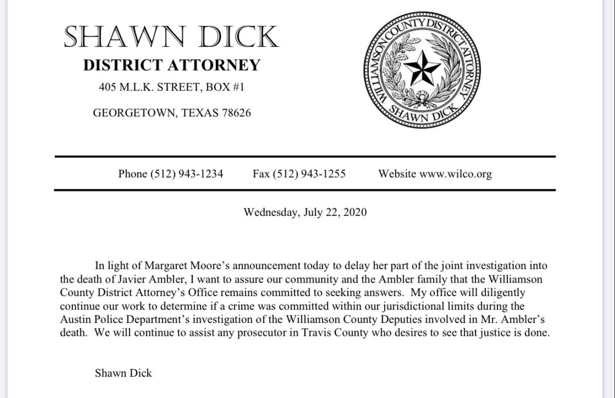 tplohetski's tweet photo. NEW: Williamson County DA Shawn Dick says he is proceeding with his portion of Javier Ambler investigation and “will continue to assist any prosecutor in Travis County who desires to see that justice is done.” https://t.co/q03XSoWd7y
