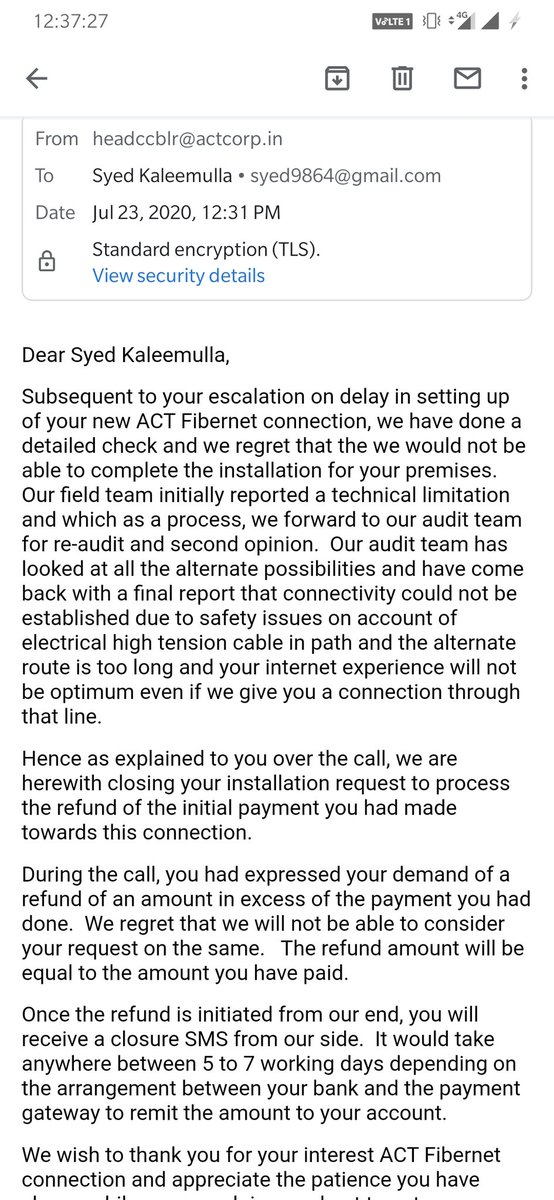 SyedKaleemulla3's tweet photo. #ACTFibernet #Balamalladi #ACTbroadband #ACTTV
After waiting for 35days long after making the payment, finally your team confirm they can't provide me the connection (attached email)
That is I call ACT is a company only to mint people's money and your service Worst than worst https://t.co/pkdwiGXJ6P