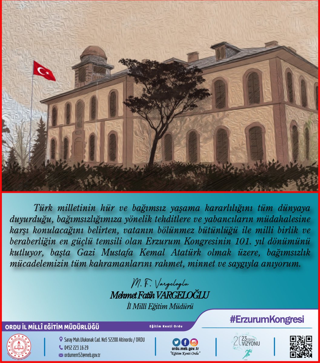 Ordu_MEM's tweet photo. İl Millî Eğitim Müdürümüz Mehmet Fatih VARGELOĞLU’nun “Erzurum Kongresinin 101. Yıl Dönümü” Mesajı
#eğitimkentiORDU

@tcmeb @ziyaselcuk @safran1958 @cemgencoglu @okancbn @tuncaysonel @mfvargeloglu https://t.co/WlssyMWATd