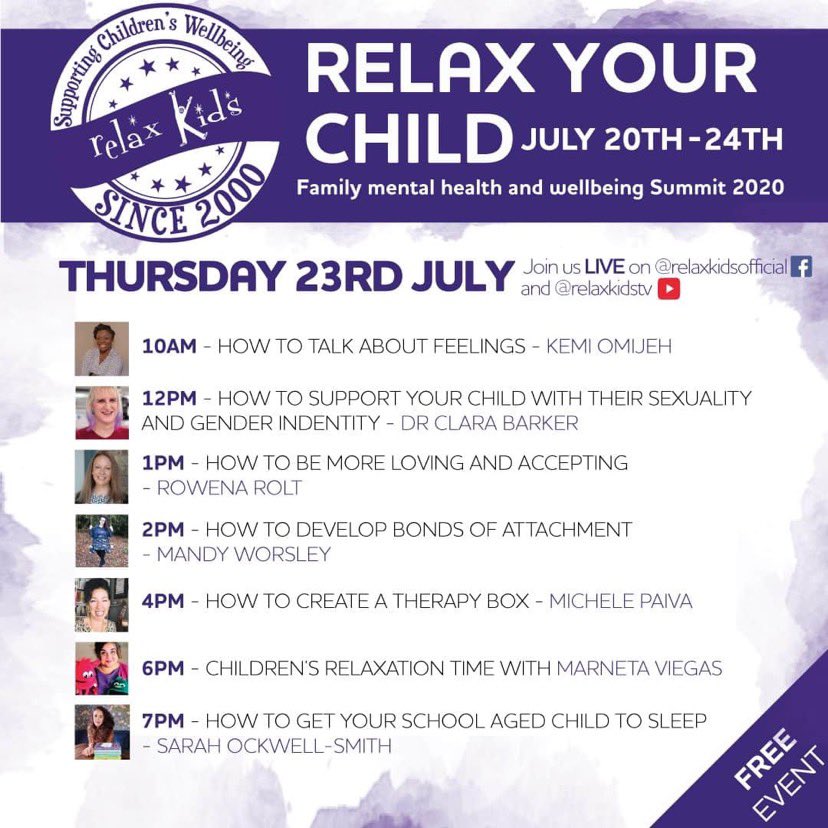 relaxkids's tweet photo. Day 4 of our Family Mental Health and Well-being Online Summit and what a line up we have for you today. @Therapywithkemi, @ClaraMBarker, @calmonthefarm and @TheBabyExpert. #RelaxKids #RelaxYourChildSummit 💜 https://t.co/TLSul5DLcf