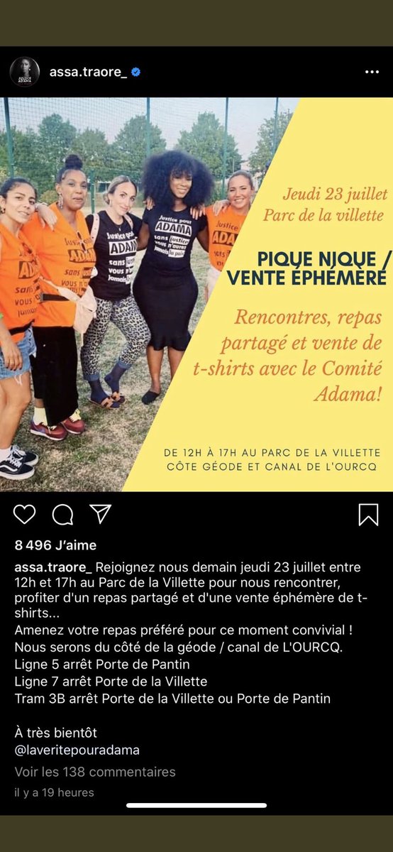 ZinebElRhazoui's tweet photo. Alors même que les hashtags #AdamaVioleur #adamalevioleur #AdamaPointeur et #fourchette sont en tendance Twitter, #AssaTraore pense surtout à écouler le stock de tee-shirts dans un «pique-nique-vente», vite, car ça devient invendable. La #VeritePourAdama a été faite: un criminel. https://t.co/ktvVSGtOwg