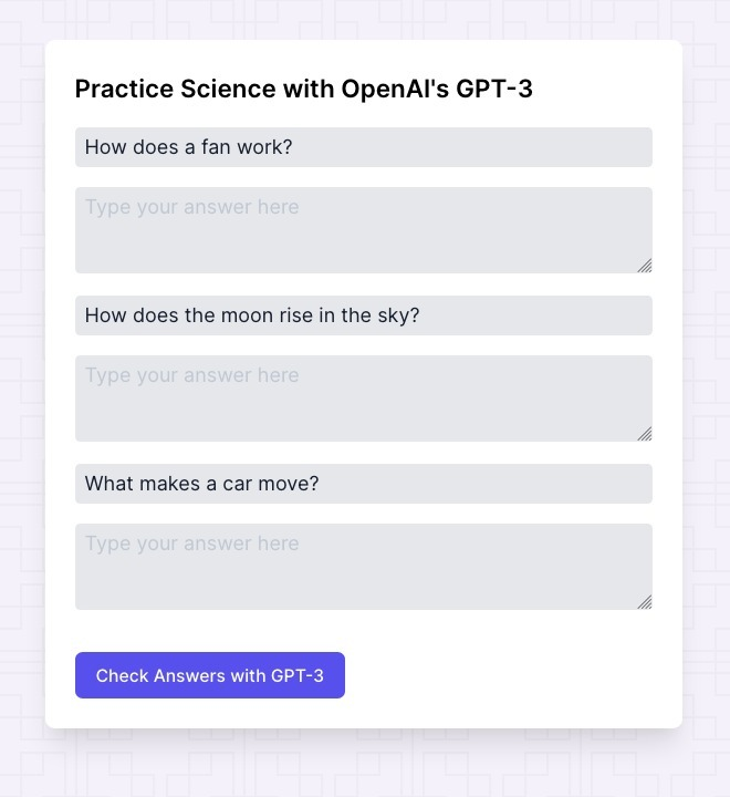 Learn_Awesome's tweet photo. Using GPT-3 for automatic quiz generation on any topic and then evaluating the students' answers. This thing is fantastic! @sama https://t.co/qutUffWh7J