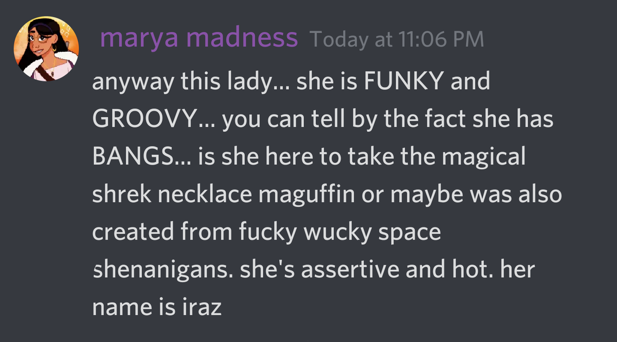 me: so this is the last character, zari, from a different timelinemarya: so her name is iraz