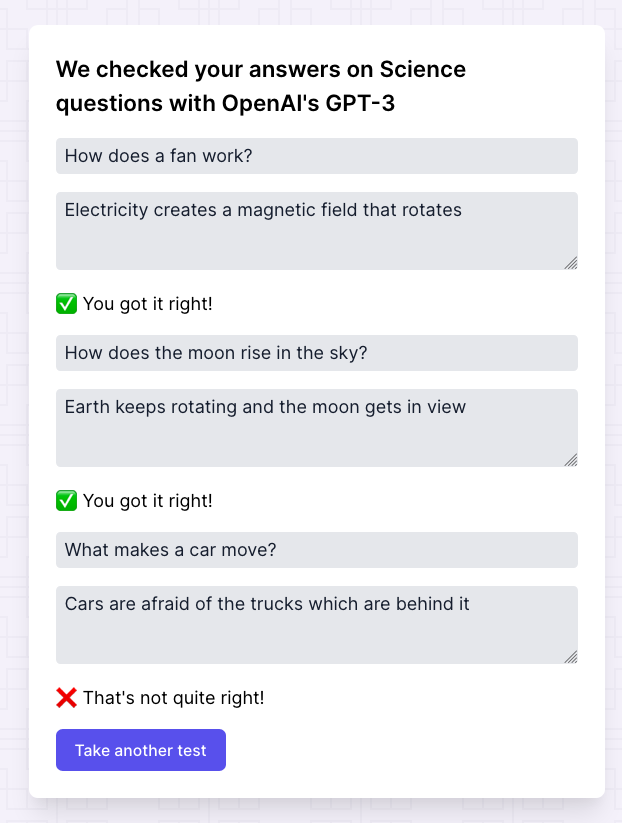 Learn_Awesome's tweet photo. Using GPT-3 for automatic quiz generation on any topic and then evaluating the students' answers. This thing is fantastic! @sama https://t.co/qutUffWh7J