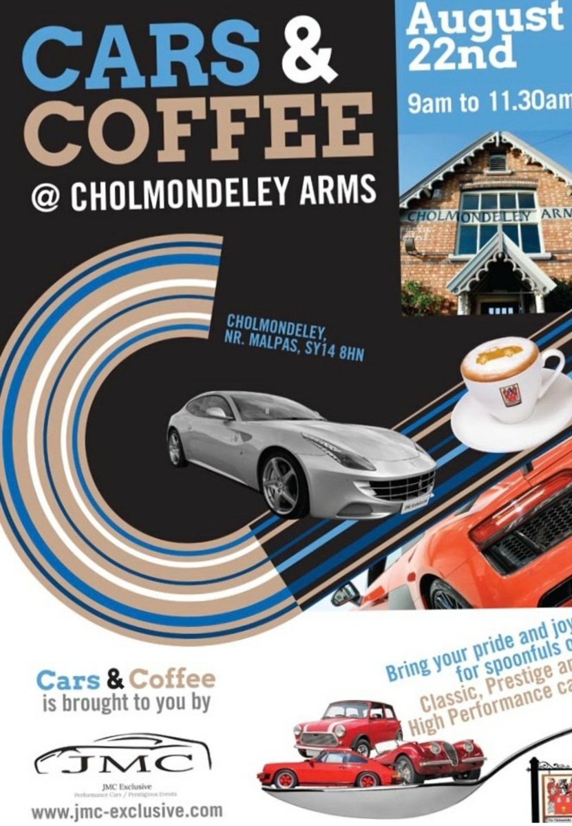 Date for your diary✏🗒.....
Join us on Saturday  22nd August for <a href="/ExclusiveJmc/">JMC Exclusive</a> Cars &amp; Coffee event.
•
•
#cholmondeley #cholmondeleyarms #placetovisit #carclub #performancecar #sportscar #carscoffee #carmeet #car #classiccars #jmcexclusive