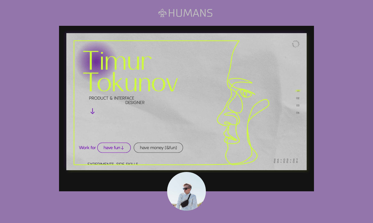 HumansFyi's tweet photo. 👋
Our featured personal site of the day goes to young Saint-Peterburg-based Product and Interface Designer Timur Tokunov 🇷🇺.
Fun, easy going and doesn't take himself too seriously.
Check it out 👉https://t.co/pD8wm43eVF
#humans #featured #kodix https://t.co/1jlfls8bQA