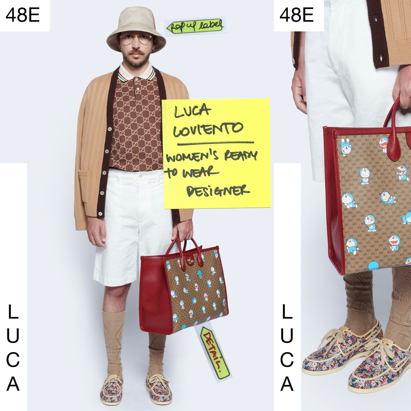 Gucci Japan Gucciepilogue コレクションより ドラえもん誕生50周年を記念したコラボレーション Doraemonxgucci のトートバッグ モデルは Gucci のデザインチームのluca 足もとは Gucciliberty プリントの新作シューズ T