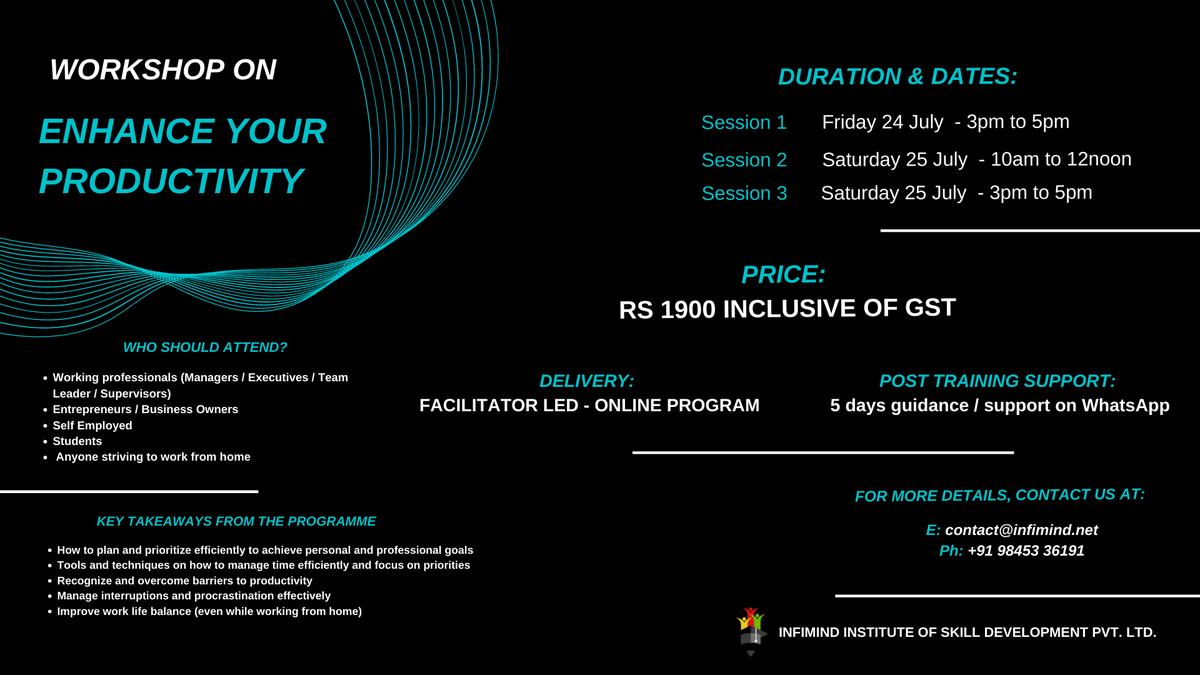 InfimindIsd's tweet photo. Enhance your Productivity by Overcoming procrastination & Maximise your time by properly allocating work.
Attend this 2 days Workshop to know more.
Click here to register: https://t.co/0ZvcEKeHDm
#productivity #productivitytips #success #onlinecourse #allocatetime https://t.co/J4y1XyB6rO