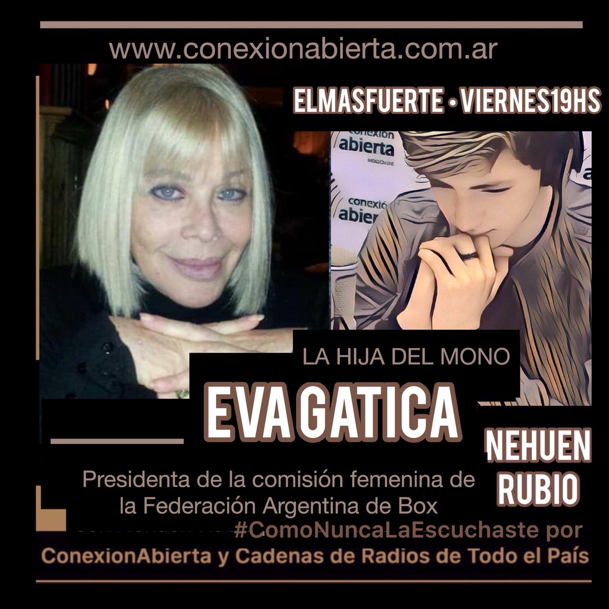ALERUBIO_'s tweet photo. ⭐️ #IMPERDIBLE  VIERNES 19HS #ELMasFuerte con @NehuenRubio2 esta semana junto a @evagatica (Hija del recordado Boxeador MONO GATICA) y Presidenta de la Comisión Femenina por @conexionabierta y Radios de Todo el País
▶️ https://t.co/KapWwxSWAa 
▶️ #FacebookLive Alejandra Rubio II https://t.co/sbjvDZ0sL1
