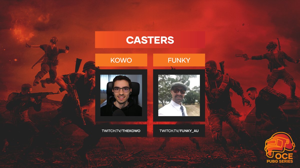 Announcing the official casters for the OCE PUBG Series 2!

You can catch all the action from 6:30PM AEST tonight with <a href="/TheKowo/">Kowo</a> casting lobby 1 and @au_funky lobby 2.