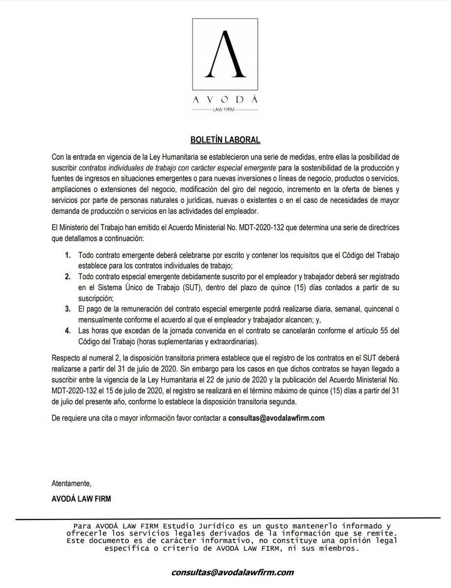 AvodaF's tweet photo. #COVID19Ecuador - Compartimos nuestro boletín laboral a propósito de las directrices entregadas por el @MinTrabajoEc respecto a los contratos emergentes que determina #LeyHumanitaria.

Es un gusto mantenerlos informados. https://t.co/7b3oLnoL9O