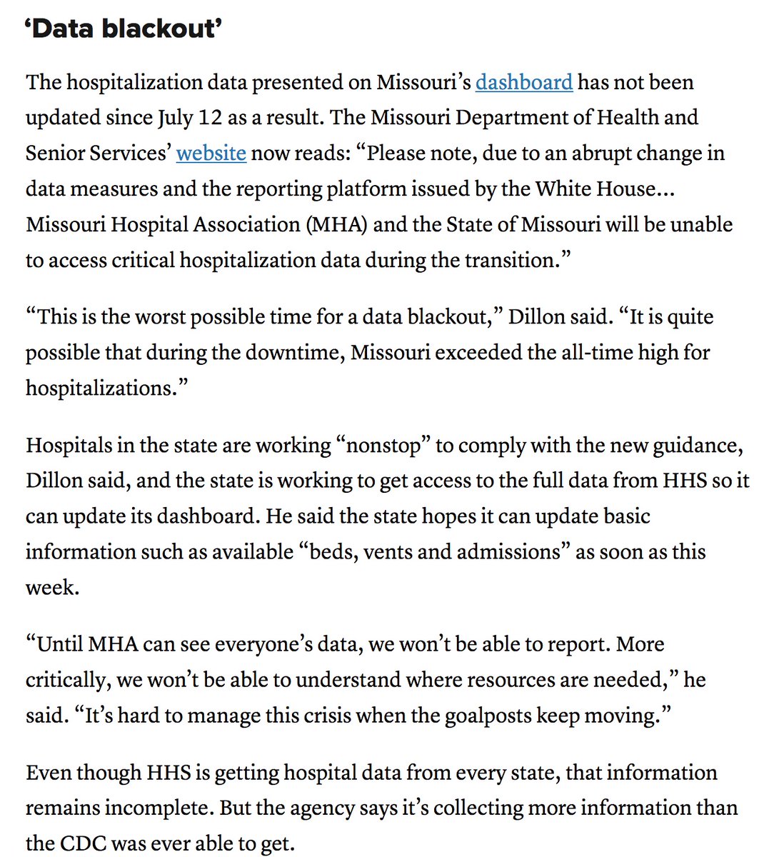 The Trump administration not only told states to transition quickly to a new system but tied doing so to getting remdesivir, a vital drug used to treat  #COVID19.And as a result, some states are experiencing "data blackouts" during the pandemic:  https://www.cnbc.com/2020/07/22/us-hospitals-scramble-to-adopt-new-hhs-coronavirus-data-system-some-states-see-data-blackout.html Unreal.