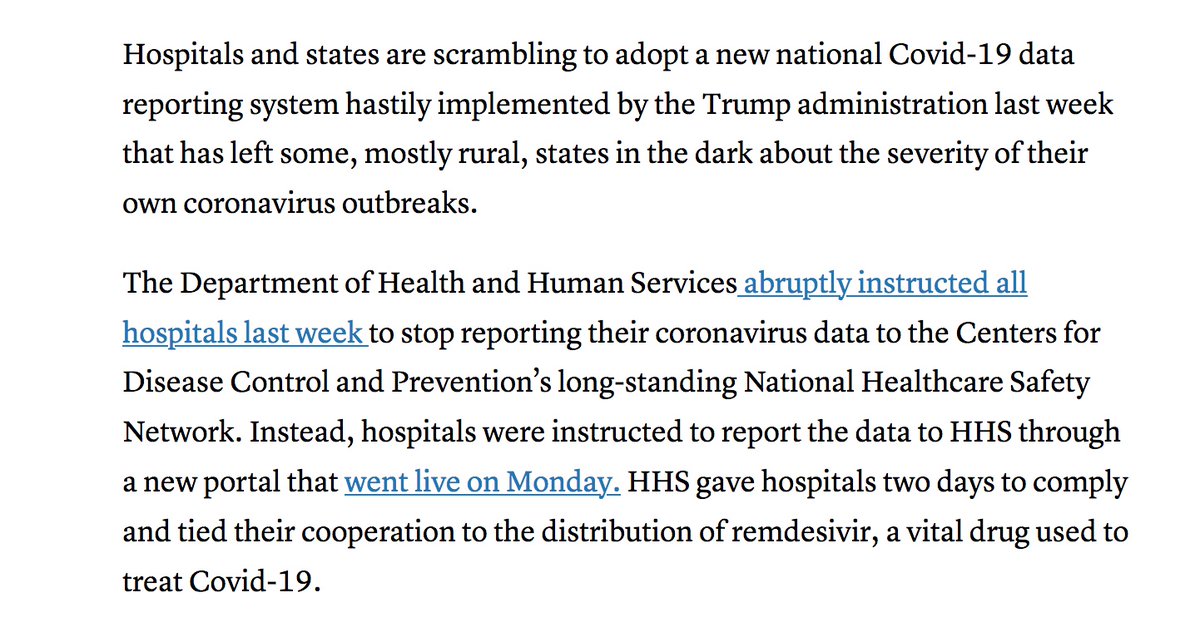 But today, "hospitals & states are scrambling to adopt a new national  #Covid19 data reporting system hastily implemented by the Trump administration last week that has left some…states in the dark about the severity of their own coronavirus outbreaks."  https://www.cnbc.com/2020/07/22/us-hospitals-scramble-to-adopt-new-hhs-coronavirus-data-system-some-states-see-data-blackout.html