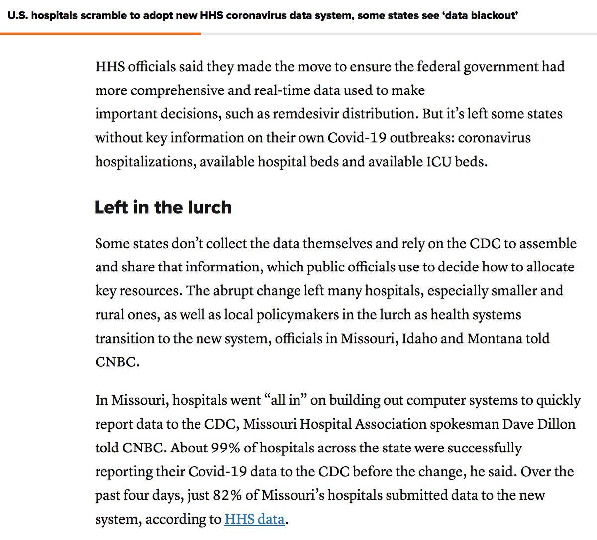 But today, "hospitals & states are scrambling to adopt a new national  #Covid19 data reporting system hastily implemented by the Trump administration last week that has left some…states in the dark about the severity of their own coronavirus outbreaks."  https://www.cnbc.com/2020/07/22/us-hospitals-scramble-to-adopt-new-hhs-coronavirus-data-system-some-states-see-data-blackout.html