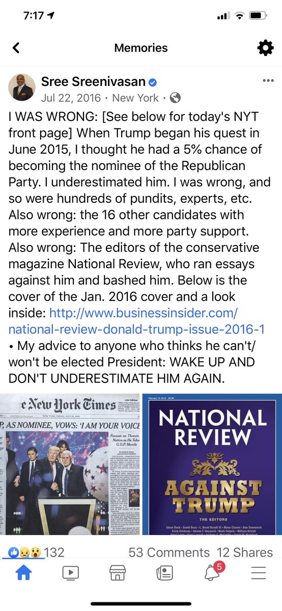  Four years ago last night, candidate Trump became Republican nominee Trump. The next day, I wrote that I’d been wrong for giving him only a 5% chance of being the nominee. But I was also right. 1/