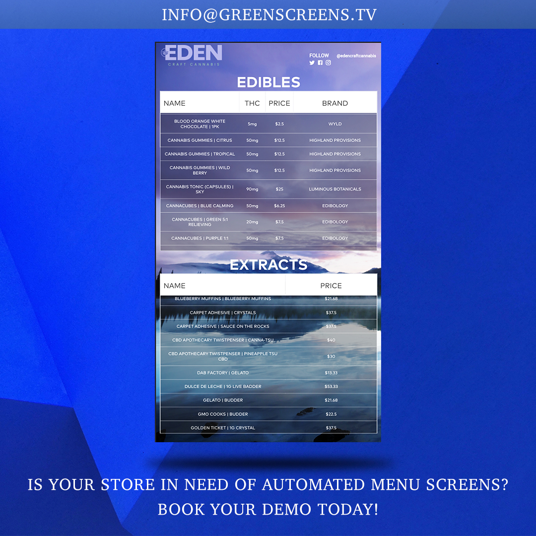 greenscreenstv's tweet photo. Check out this menu screen at @edencraftcannabis.
We are all for nature and mountain backgrounds 🙌🏻🙌🏻.
Book your DEMO today and let's discuss design!!
.
.
.
.
#greenscreenstv #digitalsignage #automatedmenu #menuscreen #menu #cannabis https://t.co/MPMsGo5lWd
