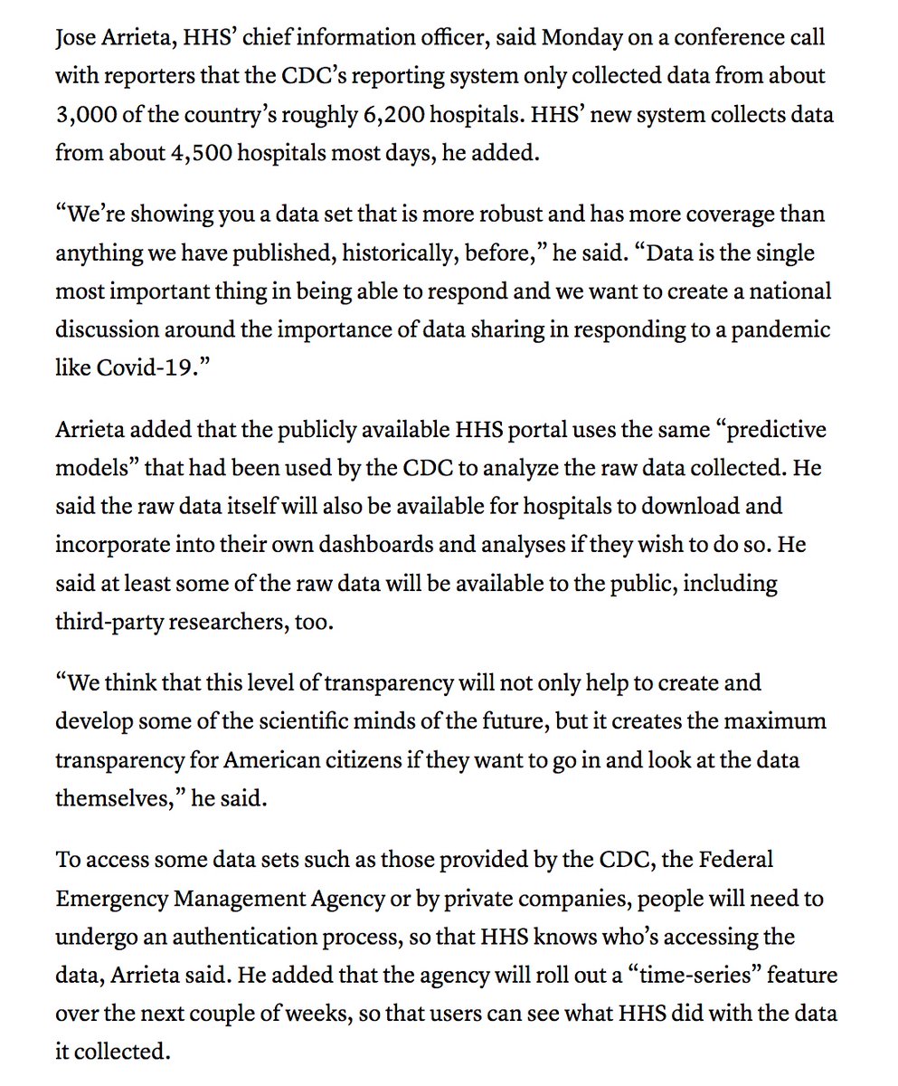 But read deeper: on the same call  @HHSGov CIO made claims to reporters about more data & "maximum transparency," he also said that the public will have to "undergo authentication" to access data from  @CDCgov &  @FEMA:  https://www.cnbc.com/2020/07/20/hhs-unveils-new-coronavirus-hospitalization-database-says-its-more-complete-than-cdcs.htmlThat's not  #opendata, folks. #OpenGov