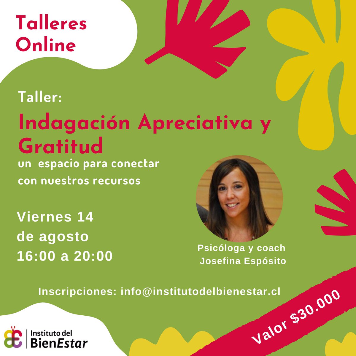 Bienestar_Chile's tweet photo. ✨Los invitamos a participar de este taller realizado por nuestra Psicóloga experta en apreciatividad Josefina Esposito
. 
Puedes participar desde cualquier parte del 🌍 
.
📌más info info@institutodelbienestar.cl o ingresa a nuestra web https://t.co/xyOnb2JgDn 
.
#talleres https://t.co/mq66sKemTF
