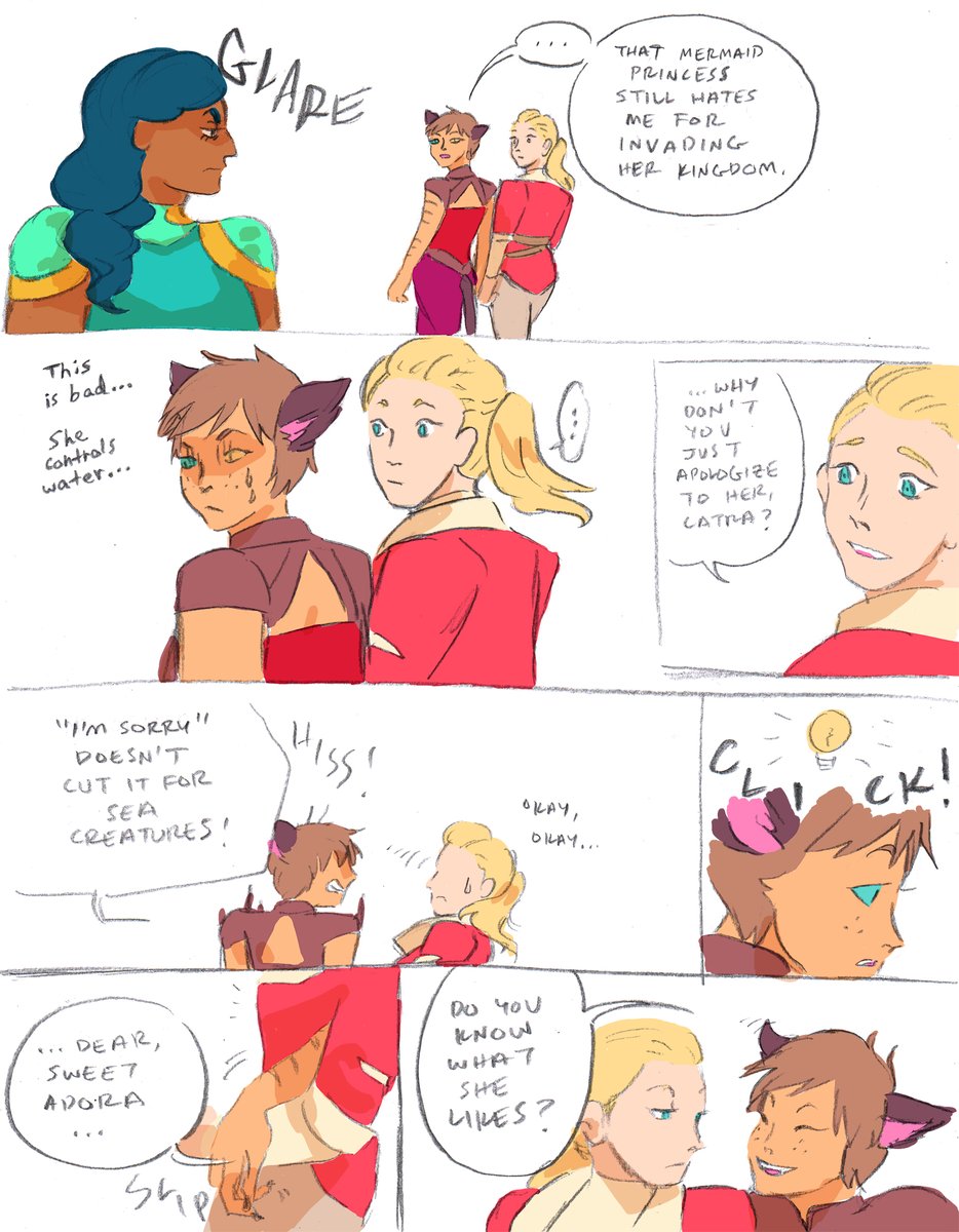 MissBliss1294's tweet photo. Catra bribes - er, makes up with Mermista. Another little post-season 5 #Shera comic. Plus #catradora https://t.co/0E0pxktwuU