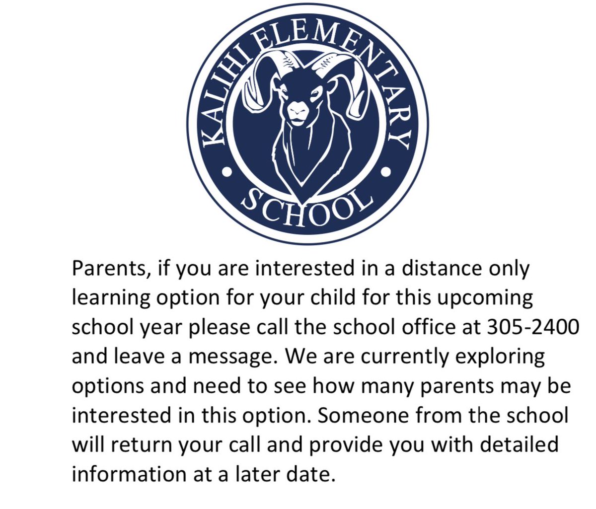 Parents, if you are interested in a distance only learning option for your child for this upcoming school year please call the school office at 305-2400 and leave a message. We are currently exploring options and need to see how many parents may be interested in this option.