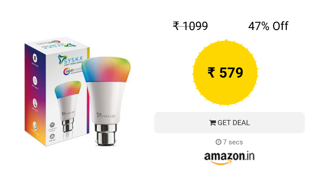 OffersMust's tweet image. amzn.to/3fTqpLK
 
[Lightning Deal] Syska 7-Watt Smart LED Bulb Compatible with Amazon Alexa (B-22 Pin type socket)
#7watt #alexa #amazon #b22 #bulb #compatible #led #pin #smart #socket #syska #type