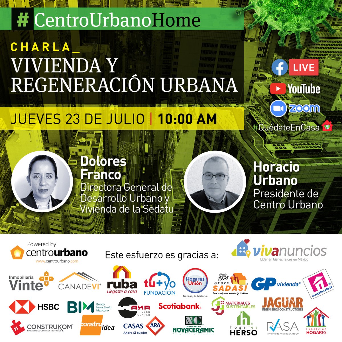 InversionInmob's tweet photo. Mañana no te pierdas la charla que tendremos en #CentroUrbanoHome con Dolores Franco, Directora General de Desarrollo Urbano y Vivienda de la @SEDATU_mx.
📅 23 de julio
⏰ 10:00 am

🎥🔴Facebook Live 👉 https://t.co/6jDGLk31DC

▶️ YouTube 👉 https://t.co/kNq46iiQoy https://t.co/UVjhky76mj