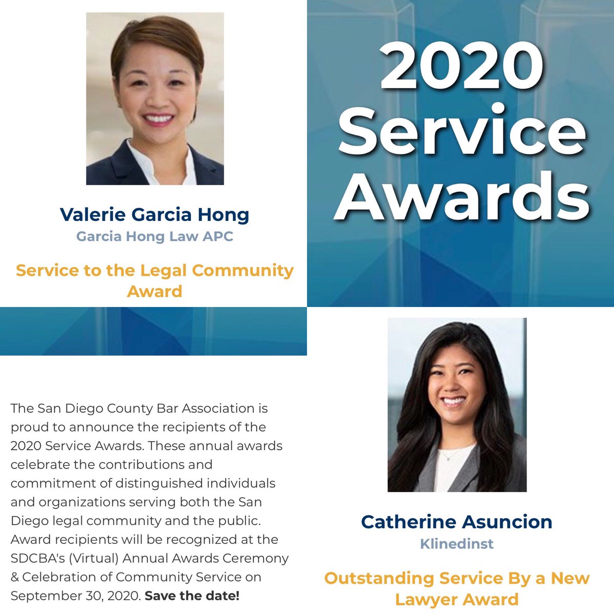 FilAmLawyersSD's tweet photo. Congratulations to past FALSD presidents Catherine Asuncion and Valerie Garcia Hong for their 2020 San Diego County Bar Association Service Awards! 

https://t.co/SoSMUGwAY9 https://t.co/djcAwyWalc