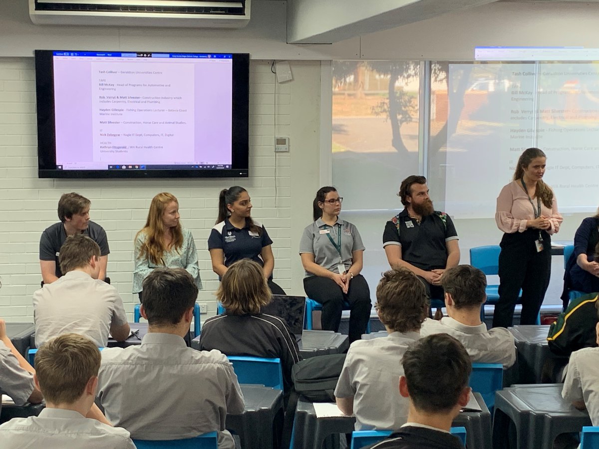 WACRHNews's tweet photo. CAREERS TALK: Yesterday the WA Centre for Rural Health talked to year 10 boys at #NagleCatholicCollege in #Geraldton about #careers in #health. WACRH staff and students on #ruralplacement with us talked to the students about why they chose a career in health. #ruralhealth #WACRH https://t.co/ljbjWNYPQF