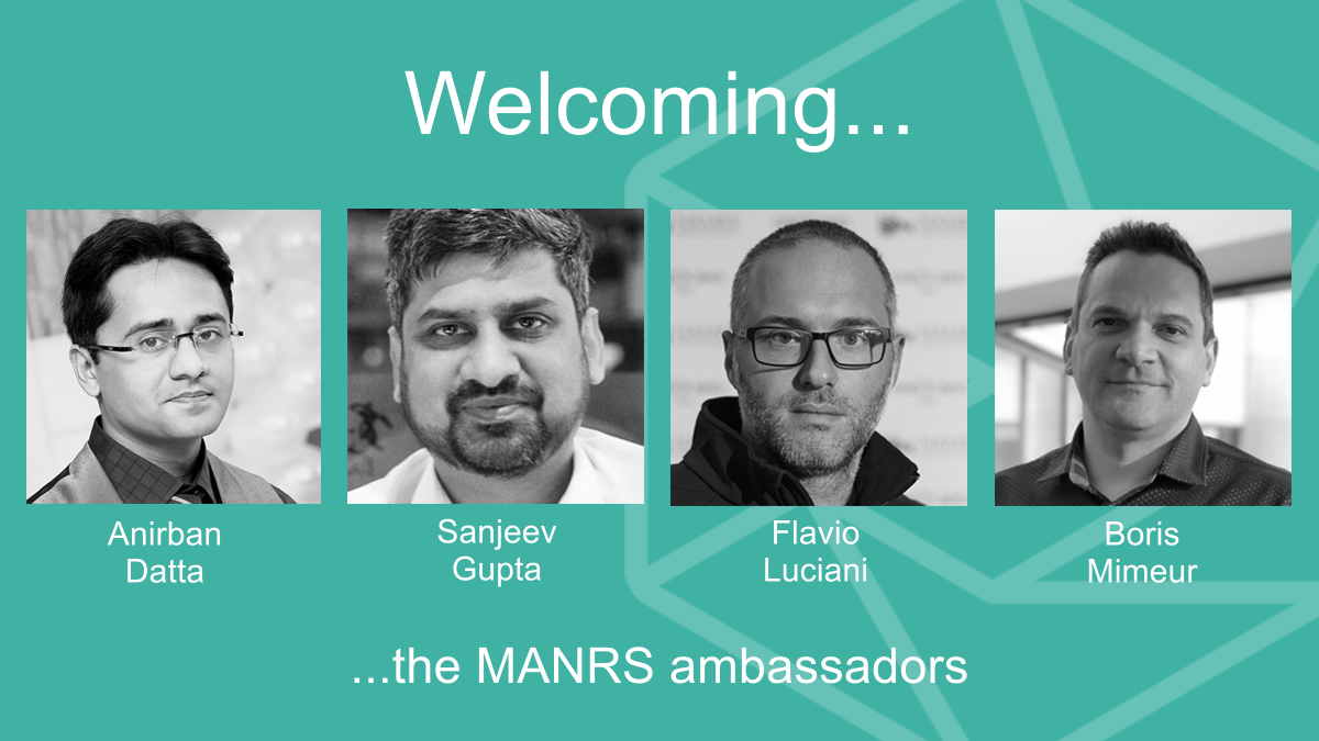 RoutingMANRS's tweet photo. Let's welcome the four #MANRS ambassadors in the areas of training, research, and policy: @Anirban05763569, @ghane0, @flavioluciani81, & Boris Mimeur. Get to know them in this blog post!
https://t.co/x6tkDu3Kx0 https://t.co/JIINgWEKAz