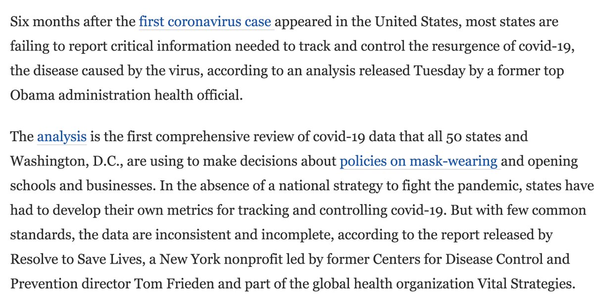 As  @DrTomFrieden said this week, the USA is "lying blind in our effort to curb the spread of  #COVID19," failing to set standards for states & counties to report:  https://www.washingtonpost.com/health/2020/07/21/coronavirus-states-data/ Seems like the  @CDCgov's job to drive data collection & info release, and yet here we are