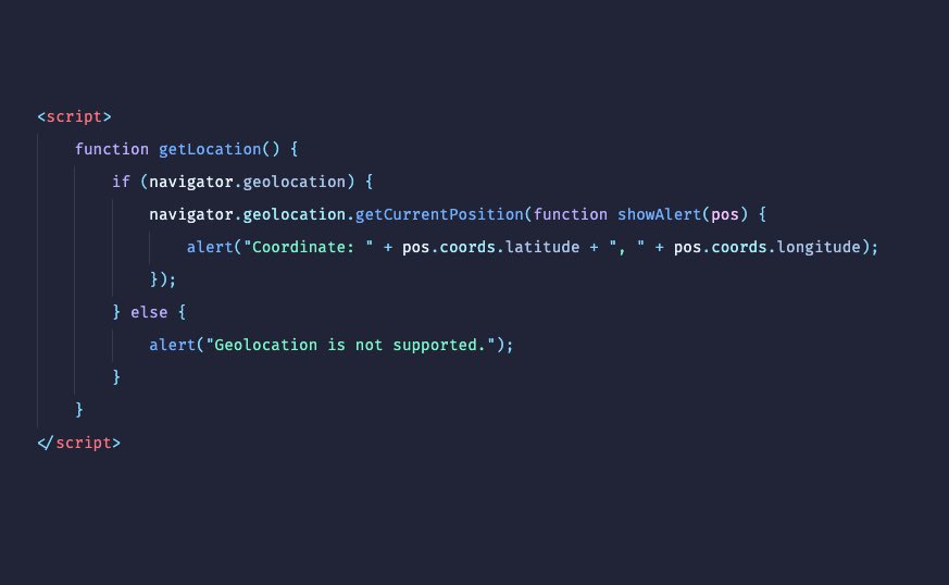 Kita boleh memanfaatkan GeoAPI ni menggunakan JavaScript. Kalau browser orang tu sokong Geolocation, navigator.geolocation tu akan available lah.Di bawah ni adalah contoh kod mudah dan browser compatibility (dari  http://caniuse.com&nbsp;):