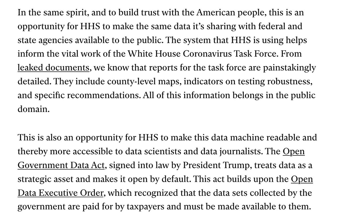 None of this is how the US government is supposed to work, much less in a pandemic where a thousand Americans are dying each day.  @HHSGov Connect data should be in the public domain, as  @rypan explains:  https://www.technologyreview.com/2020/07/17/1005391/covid-coronavirus-hospitalizations-data-access-cdc/ https://twitter.com/rypan/status/1285603249278648320