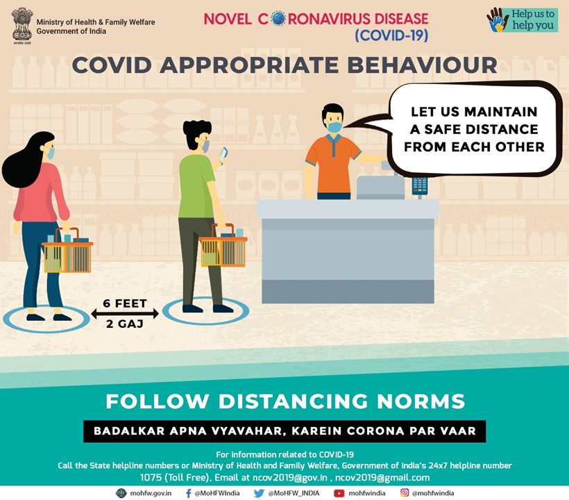 MoHFW_INDIA's tweet photo. #IndiaFightsCorona
Maintain distance of 6 feet (2 Gaj) from each other in public places.
#BadalkarApnaVyavaharKareinCoronaParVaar #TogetherAgainstCovid19 https://t.co/WXYvpLzH1B