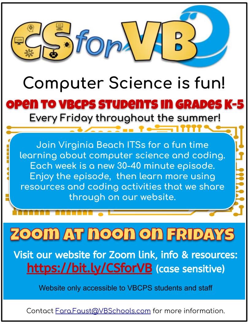 anchorgalEDU's tweet photo. Looking forward to seeing some VBCPS kids on Friday for CSforVB.  We have a small group of regulars but the more the merrier. 🤓 VBCPS parents and teachers please share with your students and friends.  #CSforALL @codeVirginia @codeorg @CSforALL @CSatVDOE https://t.co/pdrWJOdn1D