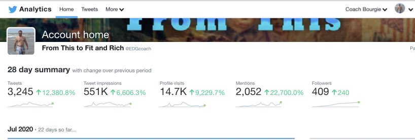 Step 6 - FollowingWith limited space I can’t get too involved in how I did this but I basically commented and tweeted like crazy. In the last 28 days I tweeted 3,245 XsGot 14.7k profile visitsAdded 240 followersThat’s not bad except I need better follow conversion rates