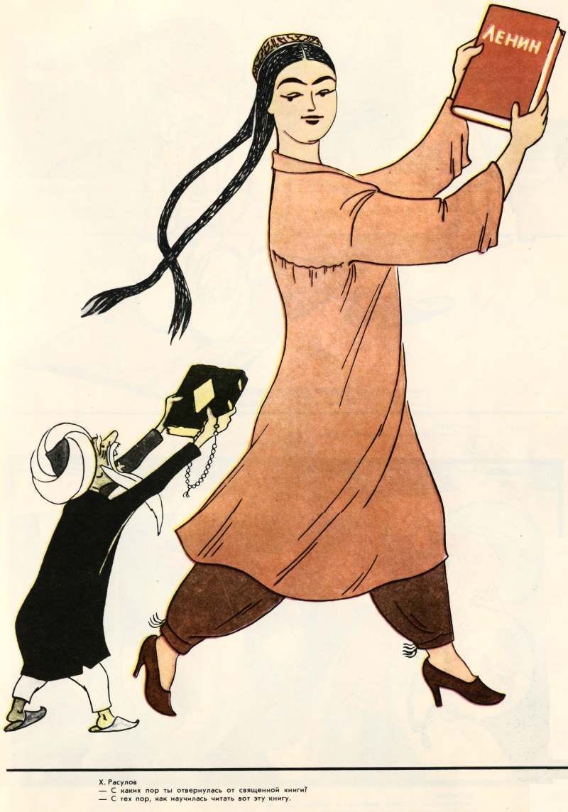 Poster propaganda Soviet di Asia Tengah. Caption→a: Sejak kapan kamu gak baca Kitab Suci lagi?b: Sejak aku belajar buku ini "lenin"Soviet aja kaya gini mainnya, apalagi RRT yang track record sama Tibet aja garang banget