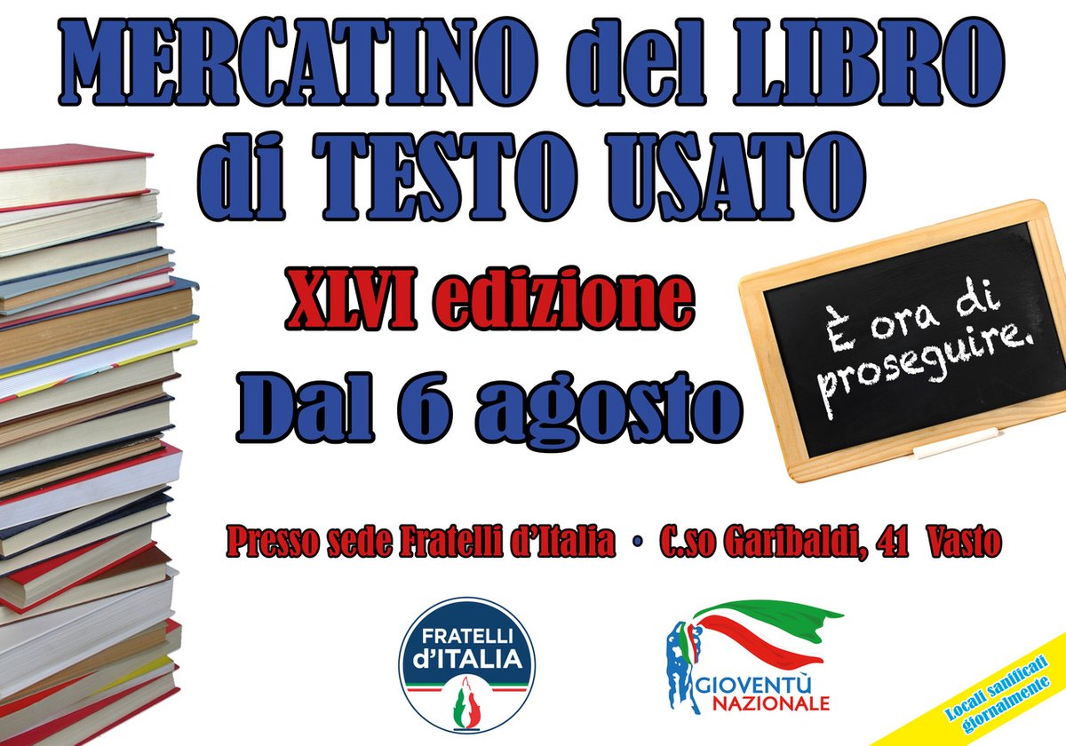 VastoFdI's tweet photo. Dal 6 agosto.

#MercatinodelLibrodiTestoUsato #Vasto https://t.co/lOAj22gNJK