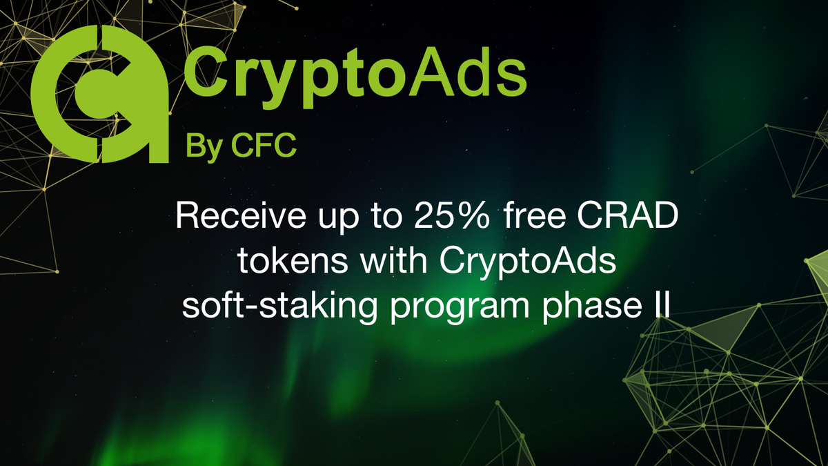 Receive up to 25% free CRAD tokens with CryptoAds soft-staking program phase II
Users who want to take part in the CRAD token freezing event must log in to the t.me/cctip_cfc_bot?… (press “🔥 Earn”)